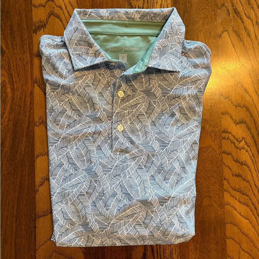 Hickey Freeman Men's Blue Leaf-Pattern Polo with Mint Accent